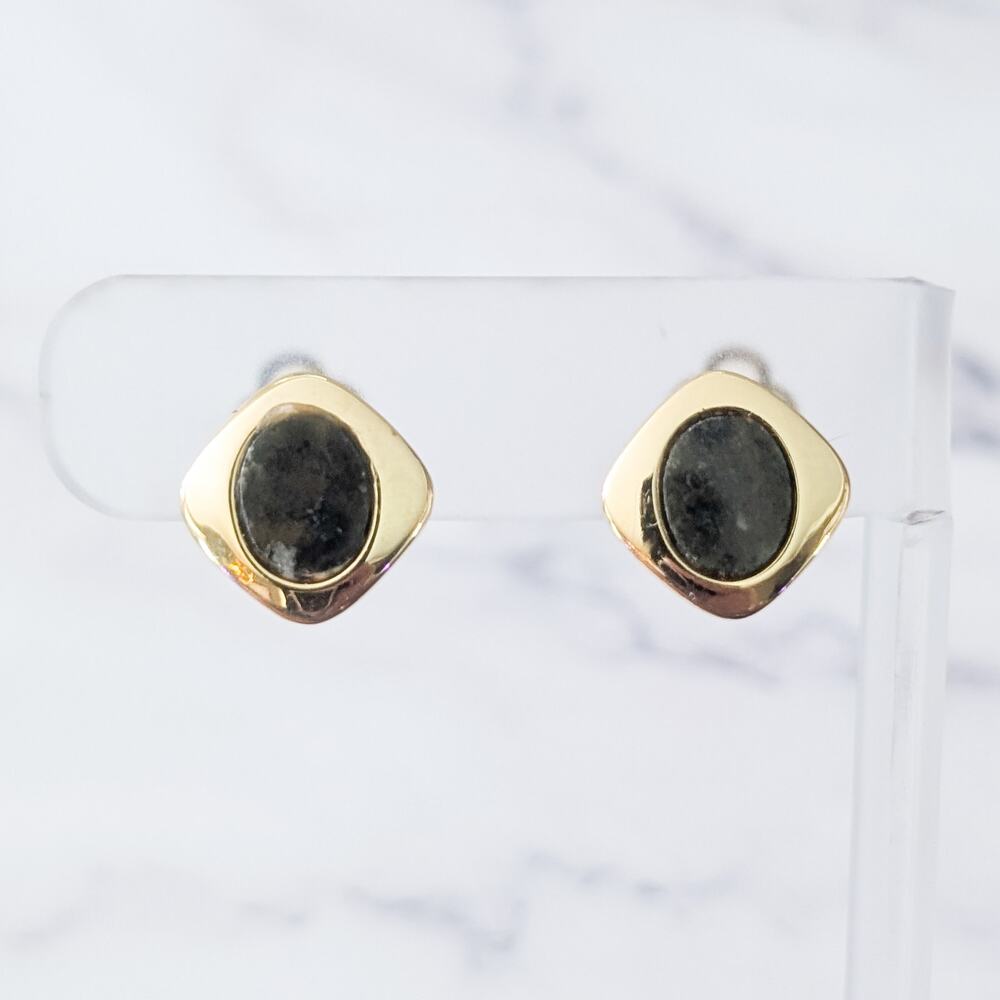 Vintage Clip On Earrings 5/8" Dark Green & Gold Tone - Fair Condition